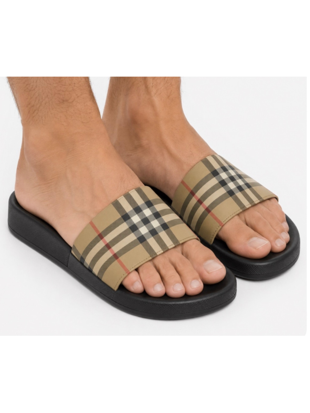 Men's Burberry Check Slides Standard Size 11/44 Beige Black New Classic Check